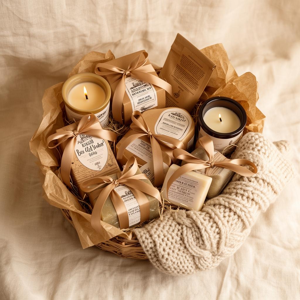 Hand-curated gift basket with candles, soaps, and a cozy knit throw
