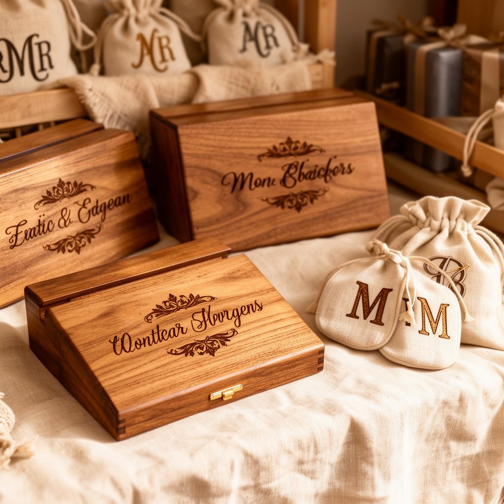 Engraved wooden boxes and monogrammed linen sachets
